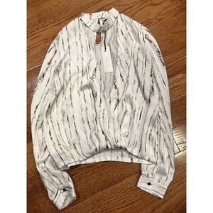 Waverly Grey Womens Striped Blouse Top Size 2 Career Abstract Print
